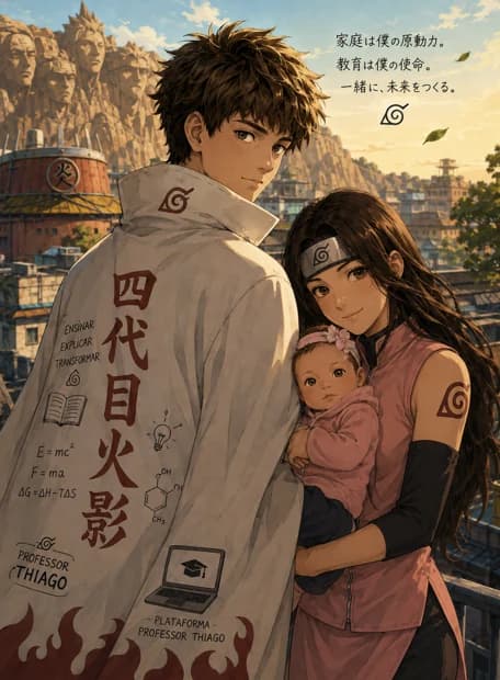 Prof. Thiago em estilo anime, de capa de Hokage com fórmulas de exatas, ao lado da família